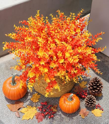 florisso Artificial Fake Fall Autumn Eucalyptus Plants Flowers for Outdoor Outside Decoration, Faux Silk Orange Boxwood Look Real UV Resistant for Home Porch Patio Planter Decor，12 Bundles - Image 2