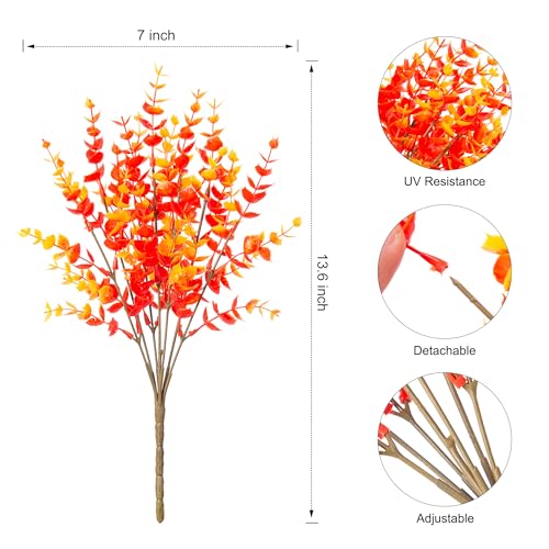 florisso Artificial Fake Fall Autumn Eucalyptus Plants Flowers for Outdoor Outside Decoration, Faux Silk Orange Boxwood Look Real UV Resistant for Home Porch Patio Planter Decor，12 Bundles - Image 5