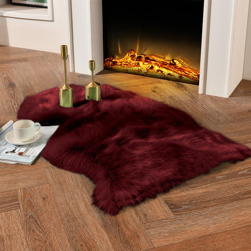 duduta Burgundy Sheepskin Throw Rug 2x3 ft, Fluffy Shag Faux Fur Seat Chair Covers Non Slip Washable - Image 1