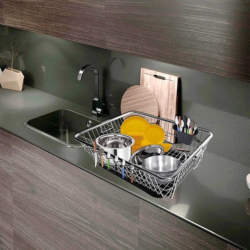 VISHVA Dish Drainer Rack 56 X 43 X 23 Cm With Drip Tray Stainless Steel Dish Drainer Rack With Drip Tray Utensil Drying Stand For Kitchen Plate Rack Bartan Basket Sink Top 2 Pic Spoon Stand - Image 5