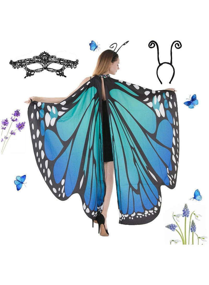 Jorunb Halloween Butterfly Wings Costume for Womens, Moth Wings Butterfly Cape Adult Costume with Mask & Headband(3pcs-blue) - Image 1