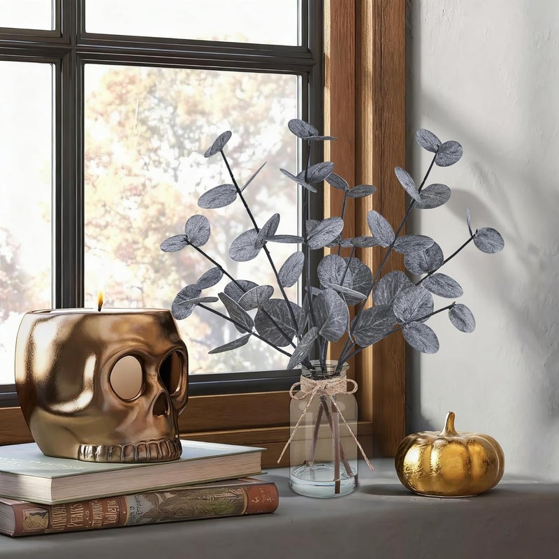 Bessol Artificial Eucalyptus Stems in Glass Vase with Faux Water Halloween Decor, 14” Fake Plants for Home Decor Table Centerpieces Office Bathroom Faux Plants Indoor Black Decorations - Image 4