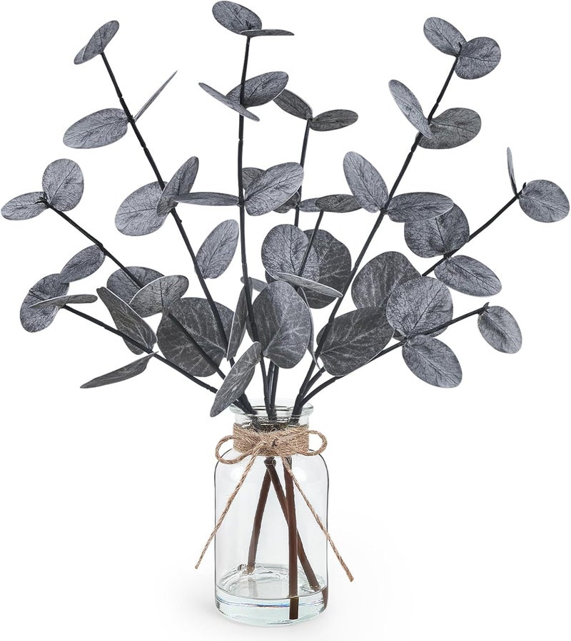Bessol Artificial Eucalyptus Stems in Glass Vase with Faux Water Halloween Decor, 14” Fake Plants for Home Decor Table Centerpieces Office Bathroom Faux Plants Indoor Black Decorations - Image 1