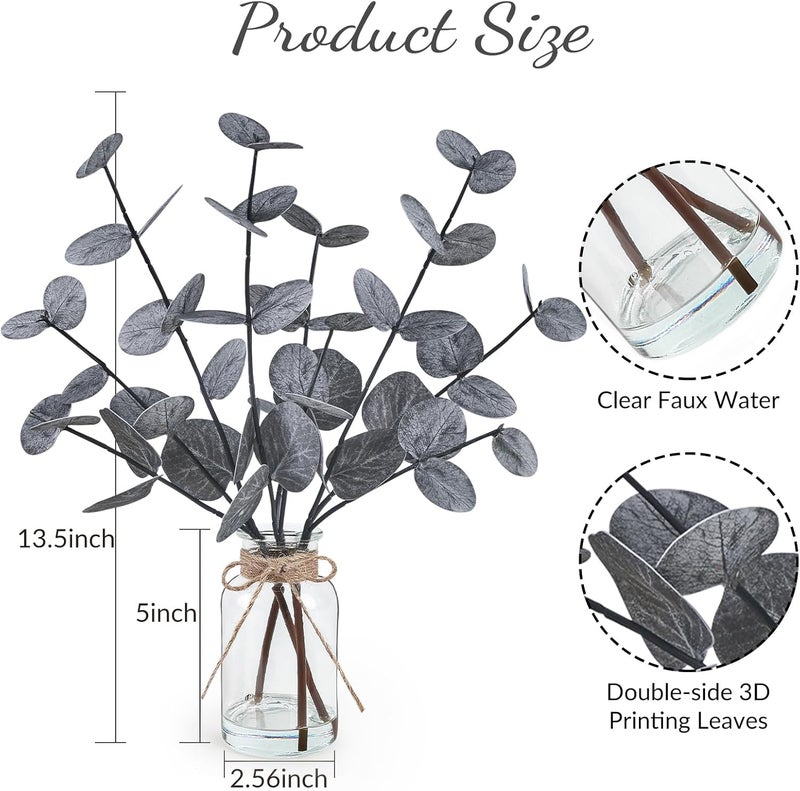 Bessol Artificial Eucalyptus Stems in Glass Vase with Faux Water Halloween Decor, 14” Fake Plants for Home Decor Table Centerpieces Office Bathroom Faux Plants Indoor Black Decorations - Image 3