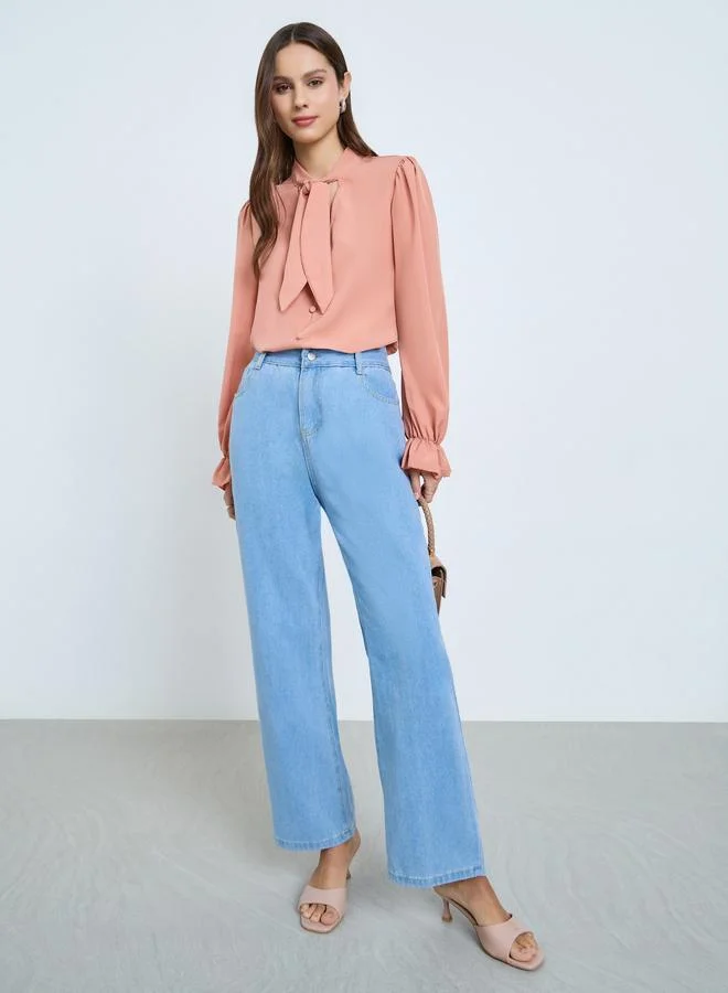 Take Two Women Nude Tie Up Neck Long Sleeve Top