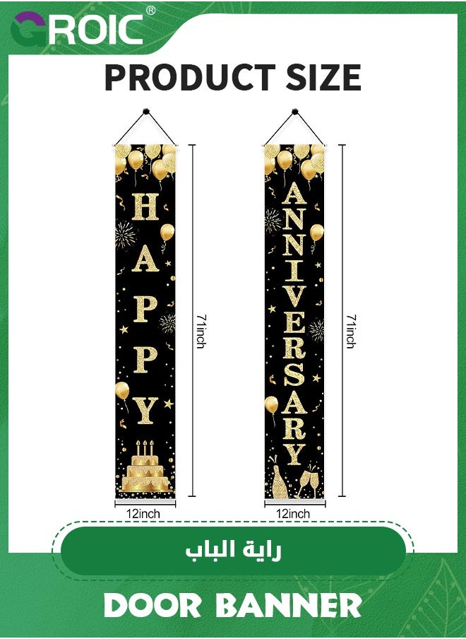 GROIC - Anniversary Decorations Door Banner, Black Gold Happy Anniversary Banner Sign Party Supplies, Anniversary Party Welcome Porch Door Banner for Outdoor,Party Supplies - Image 1