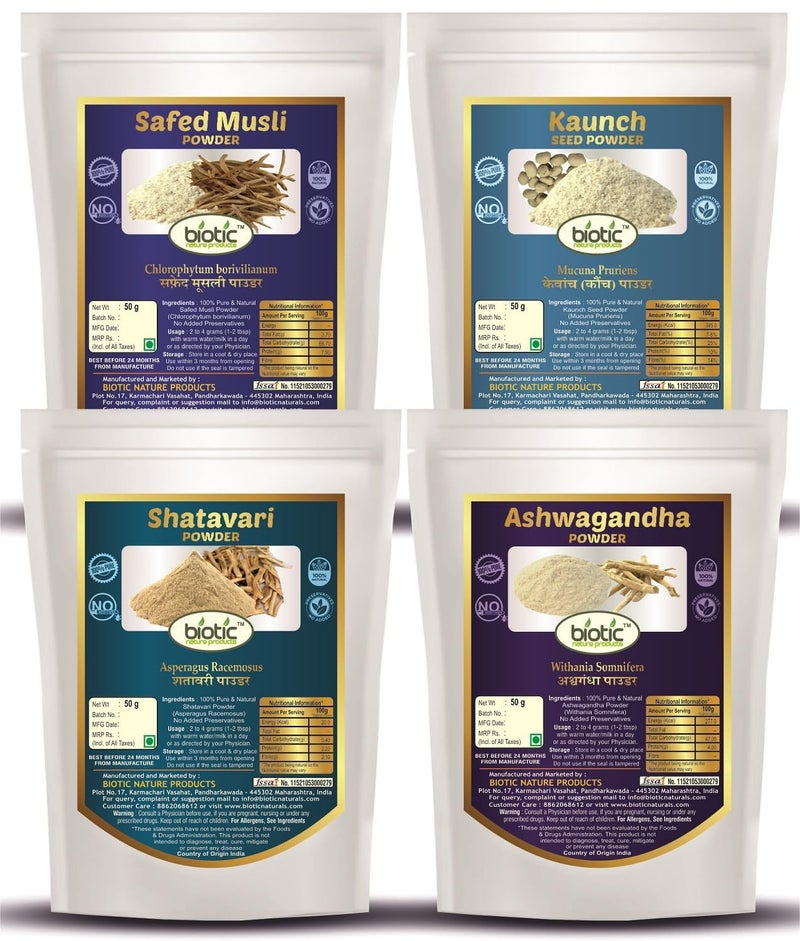 Biotic Safed Musli, Ashwagandha, Shatavari & Kaunch Seed Powder - 200gms (50gms each) - Image 1