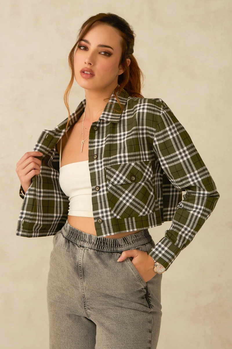 فيرجيو Cotton Cropped Daywear Plaid Shacket for Women
