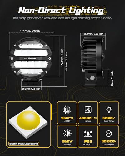 NOVSIGHT Round LED Pod Lights 7 Inch 360W Spot Off Road Lights 48600LM Fog Ditch Roof Bumper Round Light for Trucks Car UTV ATV2pcs 12V LED Lights with Rocker Switch Wiring Harness Kit - Image 3