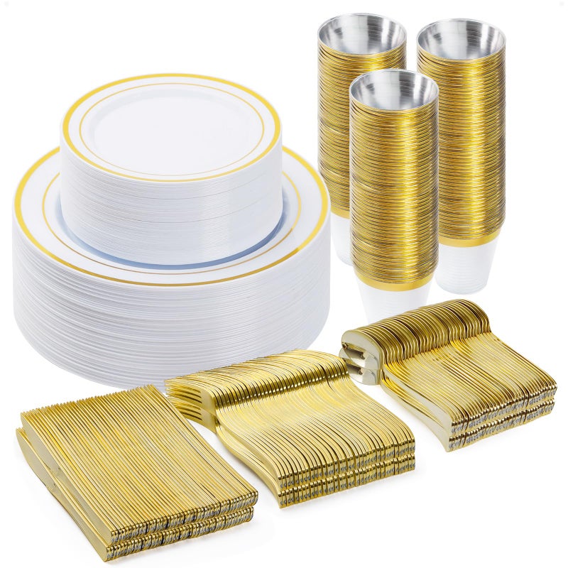 BESTVIP 300PCS Plastic Dinnerware Set (50 Guests)  Gold Disposable Plates for Party  Wedding  Anniversary  Includes: Dinner Plates  Dessert Plates  Cups  Spoons  Forks and Knives - Image 1