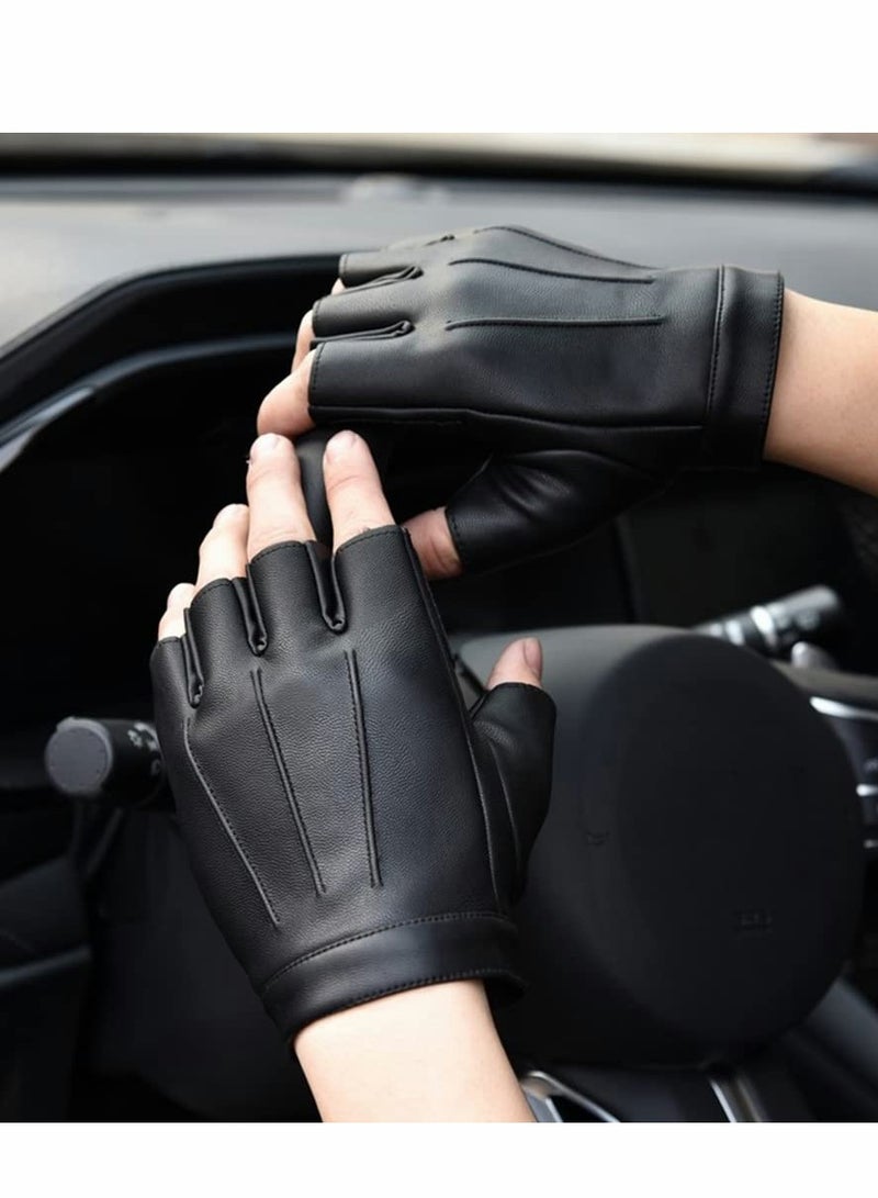 Excefore Fingerless Driving PU Leather Gloves Outdoor Sport Faux Half Finger with Anti-Slip Layer Glove for Men Women  - Image 2