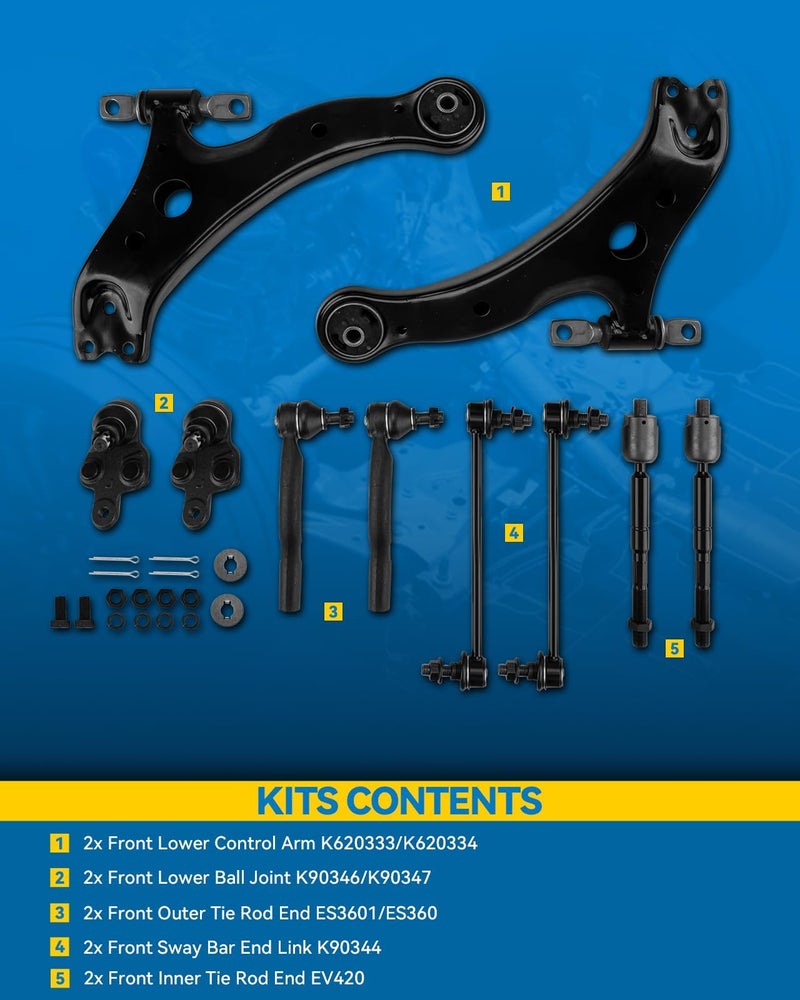 PHILTOP 10pcs Front Suspension Kit Fit for Toyota Camry 2002-2003, Highlander 2004-2007, RX350 2007-2009, RX330 2004-2006, Solara 2004-2008, Control Arms w/Ball Joints K620334, K620333, K90346, K90347 - Image 2