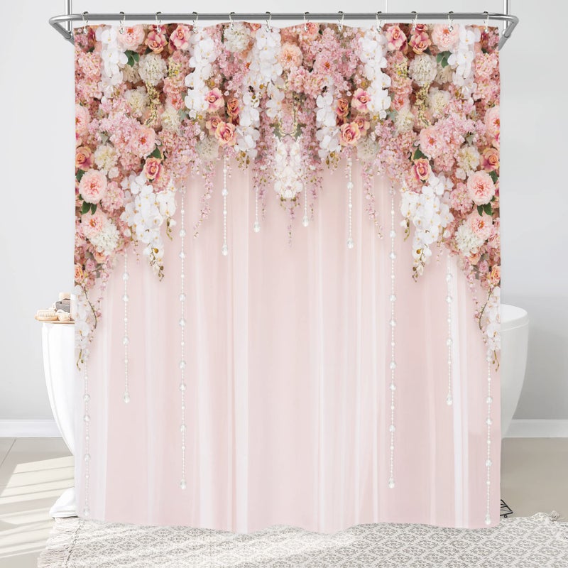 Riyidecor Bridal Floral Elegant Shower Curtain for Bathroom Decor 72Wx72H Wedding Flower Pink Rose Blossom Women Girl Spring Nature Floral Art Printed Fabric Polyester Waterproof 12 Pack Plastic Hooks
