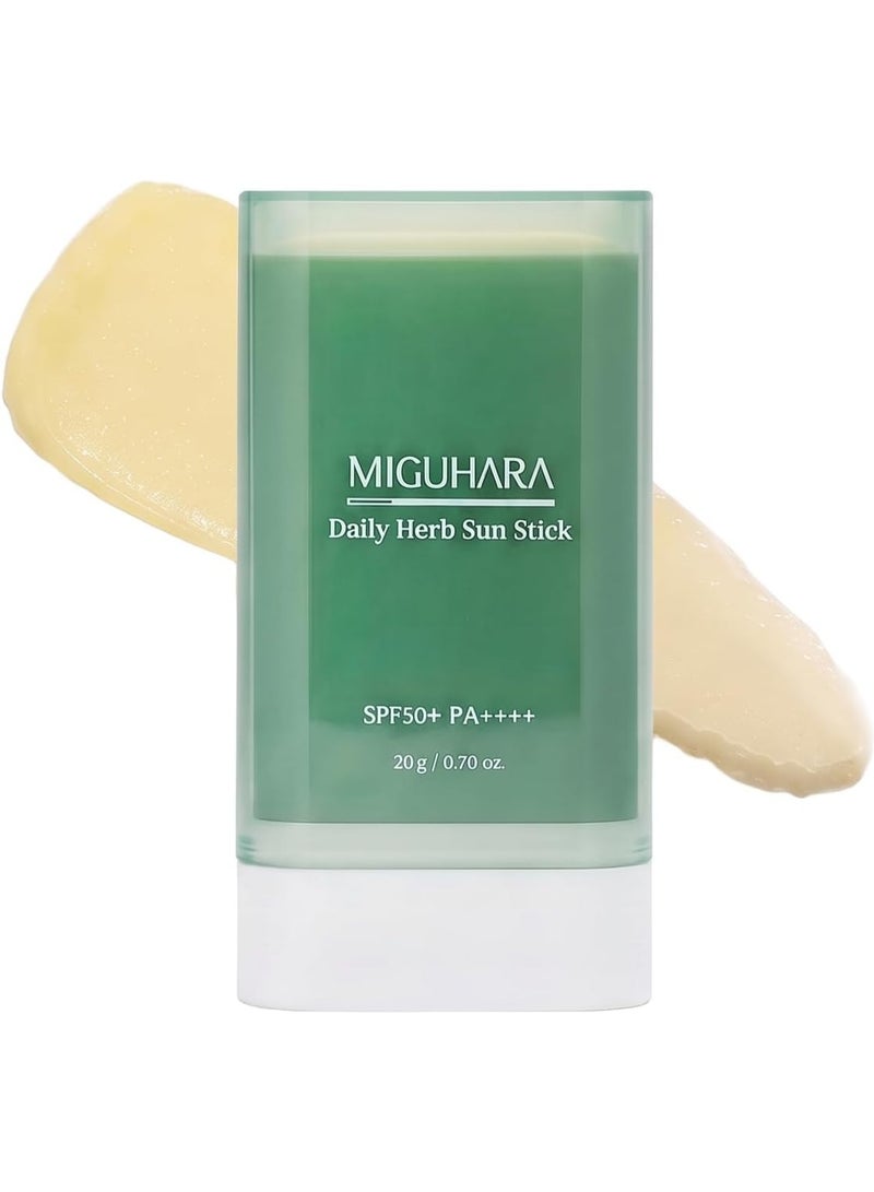 MIGUHARA Daily Herb Sun Stick SPF50+ PA++++, 20g, Vegan Korean Sunstick with Niacinamide & Calming Botanicals Herb Extract, Clear Zero White Cast Formula, Semi-Matte Dewy Finish, EWG Green Grade