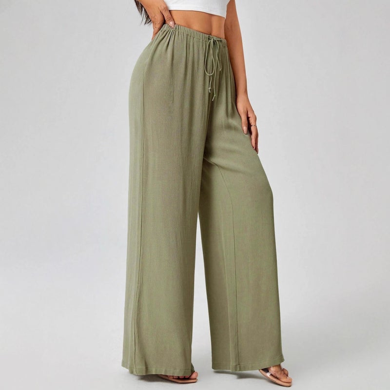 Women's Loose Wide Leg Pants, Drawstring Casual Trousers - Image 1