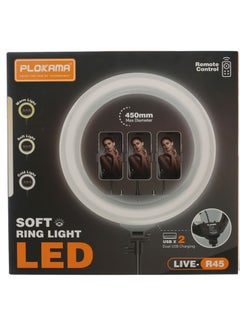 التخطيط Plocama Live-R45 LED ضوء حلقي ناعم مع حامل ثلاثي القوائم | برو 3 أوضاع ألوان (أبيض، دافئ، بارد) | منافذ شحن USB مزدوجة | جهاز التحكم عن بعد متضمن | دوران 360 درجة | قطر 17.72 بوصة | حامل ثلاثي القوائم قابل للتعديل | مثالي للتصوير الفوتوغرافي والمكياج والبث المباشر ومكالمات الفيديو  - Image 5