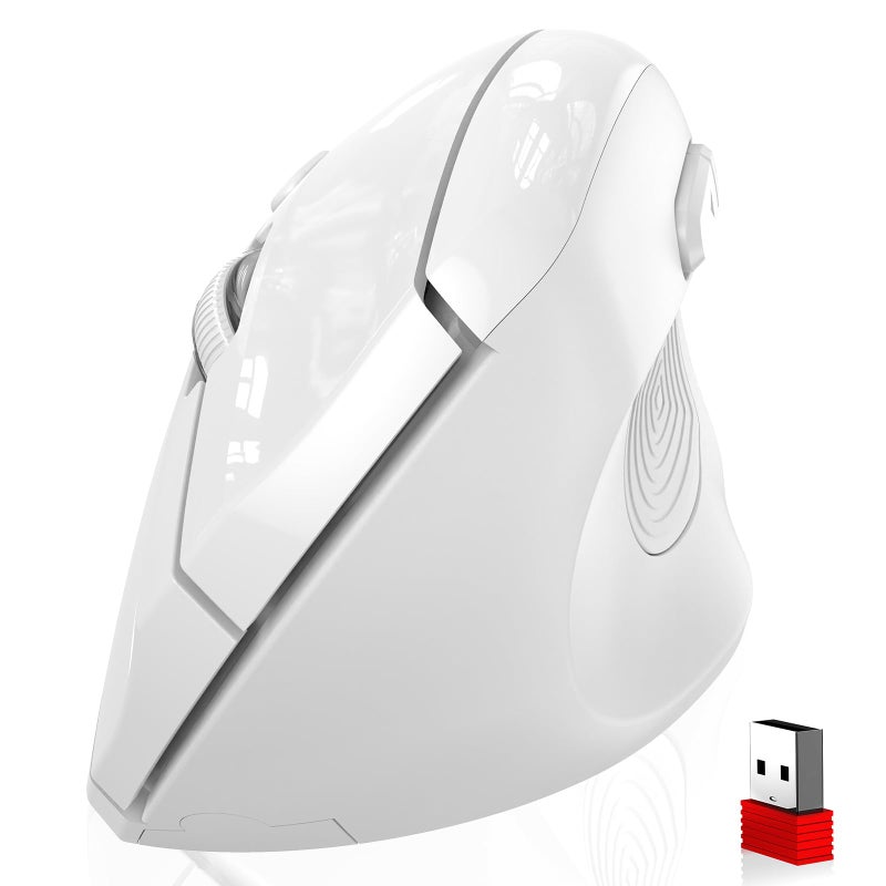 memzuoix Ergonomic Wireless Mouse, 2.4G Optical Cordless, 800/1200/1600 DPI, Vertical Computer Mouse for Laptop, Mac, PC, Desktop (Right Hand, Large) - White - Image 1