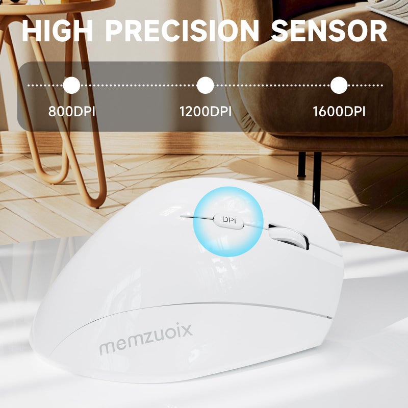 memzuoix Ergonomic Wireless Mouse, 2.4G Optical Cordless, 800/1200/1600 DPI, Vertical Computer Mouse for Laptop, Mac, PC, Desktop (Right Hand, Large) - White - Image 5