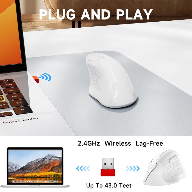 memzuoix Ergonomic Wireless Mouse, 2.4G Optical Cordless, 800/1200/1600 DPI, Vertical Computer Mouse for Laptop, Mac, PC, Desktop (Right Hand, Large) - White - Image 4