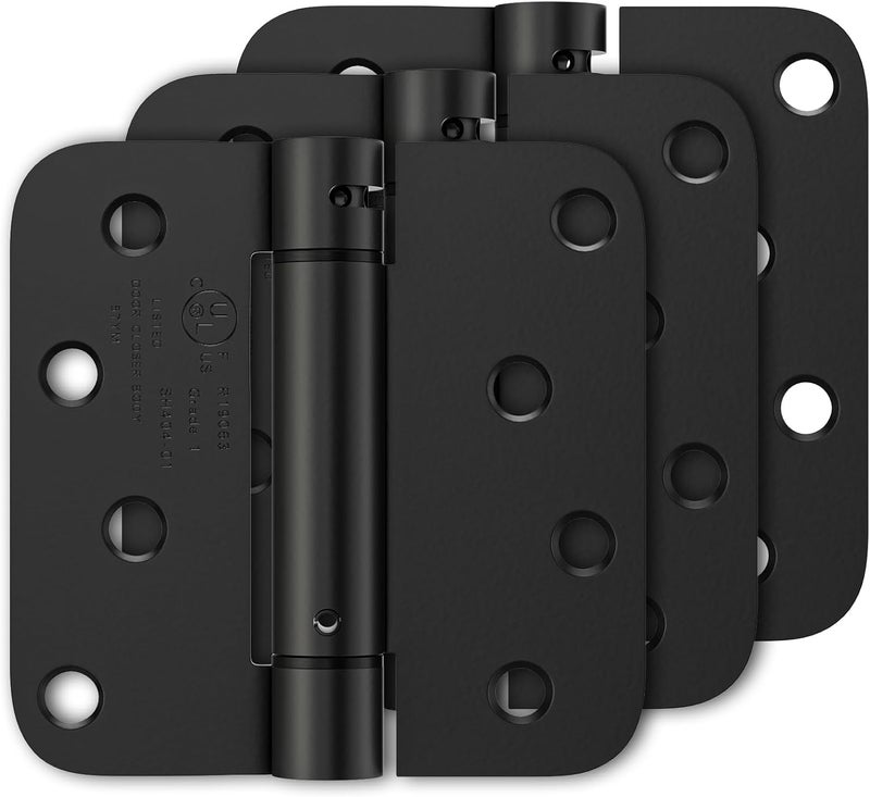 Luxbaro 3 Pack Self Closing Door Hinges 4 Inch, Matte Black Spring Loaded Hinges with 5/8'' Radius Corners, Adjustable Tension for Garage, Front Door, for Left and Right Hand Door, UL Listed - Image 1