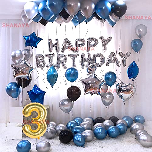 SHANAYA Happy 3rd Birthday Decorations For Girls Boys Husband Wife Combo Items Kit -52Pcs Set Happy Birthday Foil Balloons Silver Blue Black Metallic Balloons Star Heart Number 3 Foil Baloons Party Supplies - Image 1