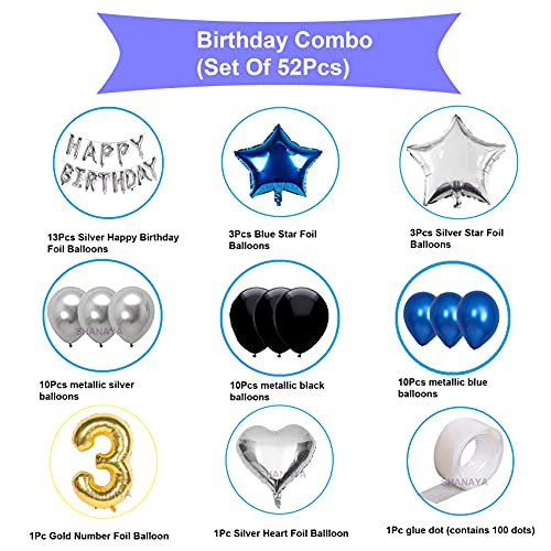 SHANAYA Happy 3rd Birthday Decorations For Girls Boys Husband Wife Combo Items Kit -52Pcs Set Happy Birthday Foil Balloons Silver Blue Black Metallic Balloons Star Heart Number 3 Foil Baloons Party Supplies - Image 2