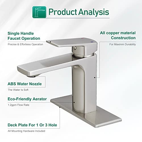 VOTON Bathroom Faucet Brushed Nickel Single Handle Bathroom Faucet 1 or 3 Hole Bathroom Sink Faucet with Deck Plate RV Bathroom Faucet 1.2 GPM - Image 5