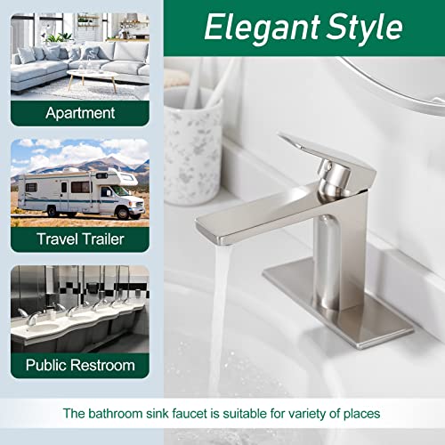 VOTON Bathroom Faucet Brushed Nickel Single Handle Bathroom Faucet 1 or 3 Hole Bathroom Sink Faucet with Deck Plate RV Bathroom Faucet 1.2 GPM - Image 4