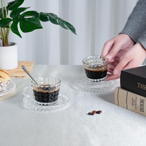 GURUDAR Glass Espresso Shot Cups with Saucers Set of 6, Clear Small Demitasse Cup with Stainless Steel Spoons, Dishwasher Safe Coffee Mugs for Tea Hot Chocolate Cappuccino, 5OZ/150ML, Diamond - Image 4