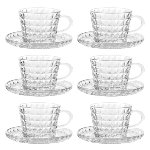 GURUDAR Glass Espresso Shot Cups with Saucers Set of 6, Clear Small Demitasse Cup with Stainless Steel Spoons, Dishwasher Safe Coffee Mugs for Tea Hot Chocolate Cappuccino, 5OZ/150ML, Diamond - Image 1