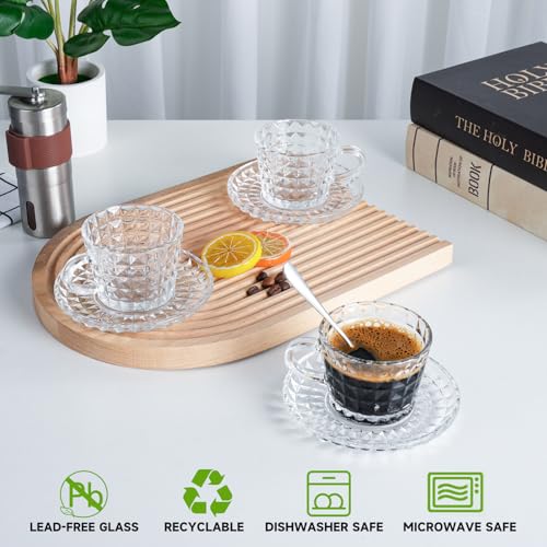 GURUDAR Glass Espresso Shot Cups with Saucers Set of 6, Clear Small Demitasse Cup with Stainless Steel Spoons, Dishwasher Safe Coffee Mugs for Tea Hot Chocolate Cappuccino, 5OZ/150ML, Diamond - Image 3