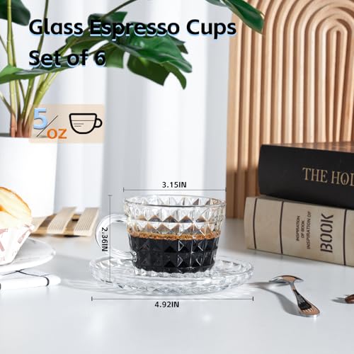 GURUDAR Glass Espresso Shot Cups with Saucers Set of 6, Clear Small Demitasse Cup with Stainless Steel Spoons, Dishwasher Safe Coffee Mugs for Tea Hot Chocolate Cappuccino, 5OZ/150ML, Diamond - Image 2