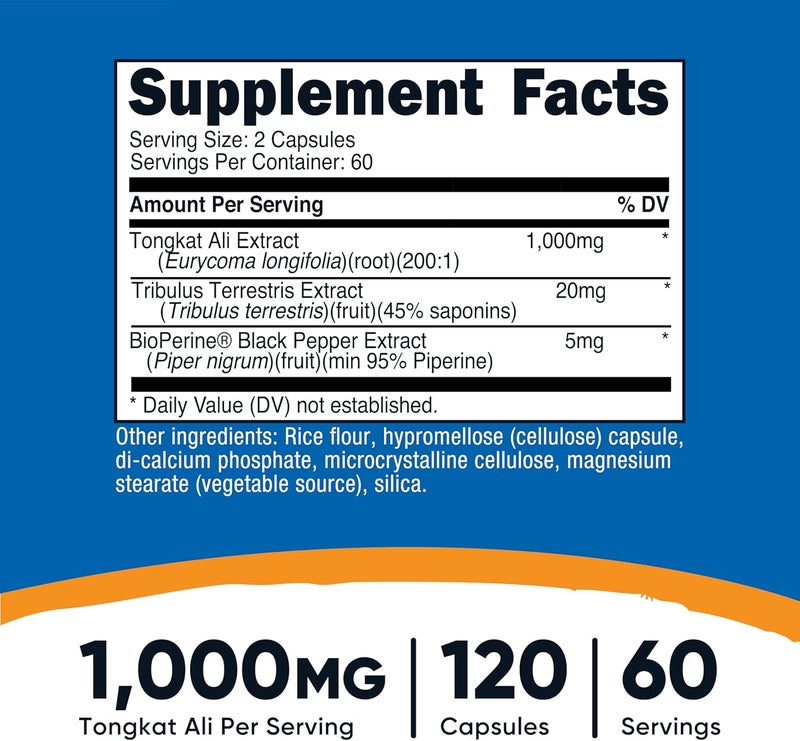 Nutricost مكمل نوتريكوست تونغكات علي 1000 ملغ 120 كبسولة مع تريبولوس تيرستريس وبيو بيرين كبسولات نباتية خالية من الكائنات المعدلة وراثيًا وخالية من الغلوتين مستخلص قوي - Image 2