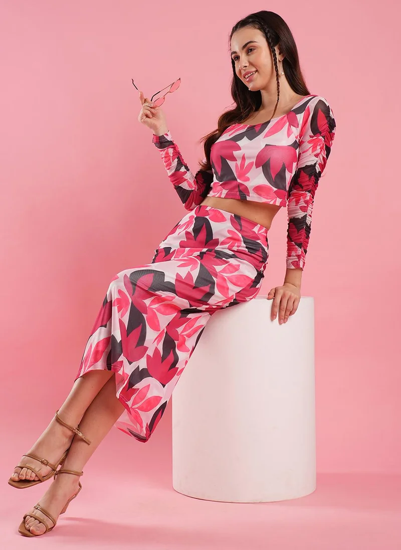 Globus Women Printed Square Neck Top With Skirt