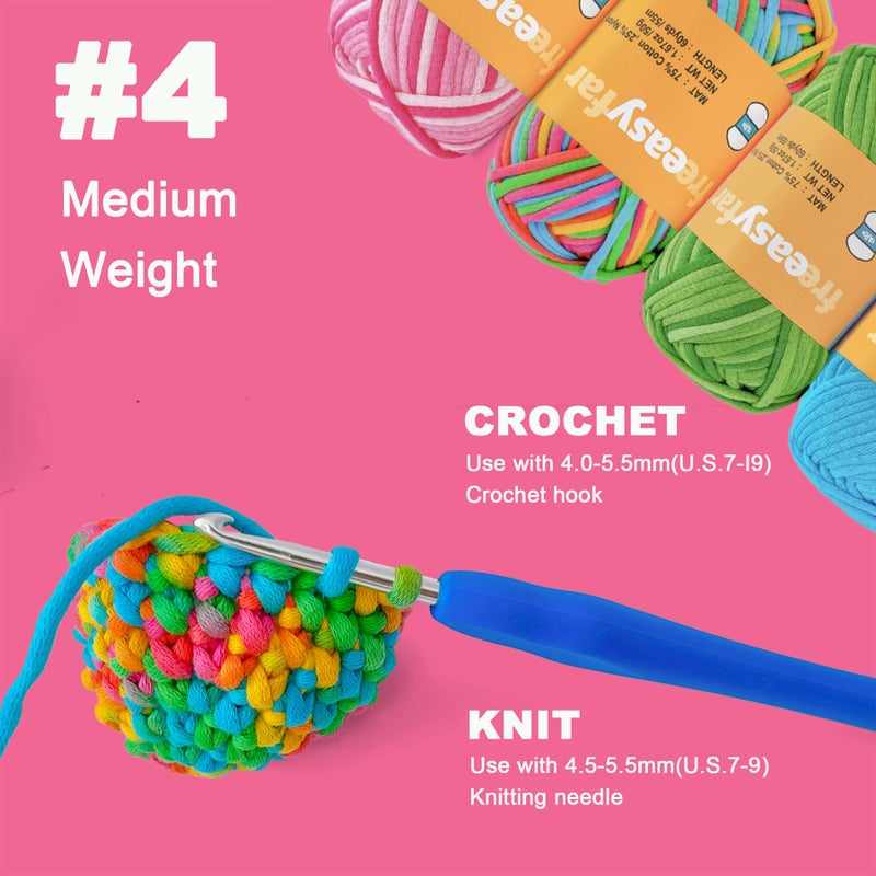 FREEASYFAR 4x50g Beginner Crochet Yarn for Crocheting and Knitting; Beginner Easy Yarn kit with Tool Set (Rainbow+Strawberry+Lawngreen+Aqua, 4 Skein) - Image 2