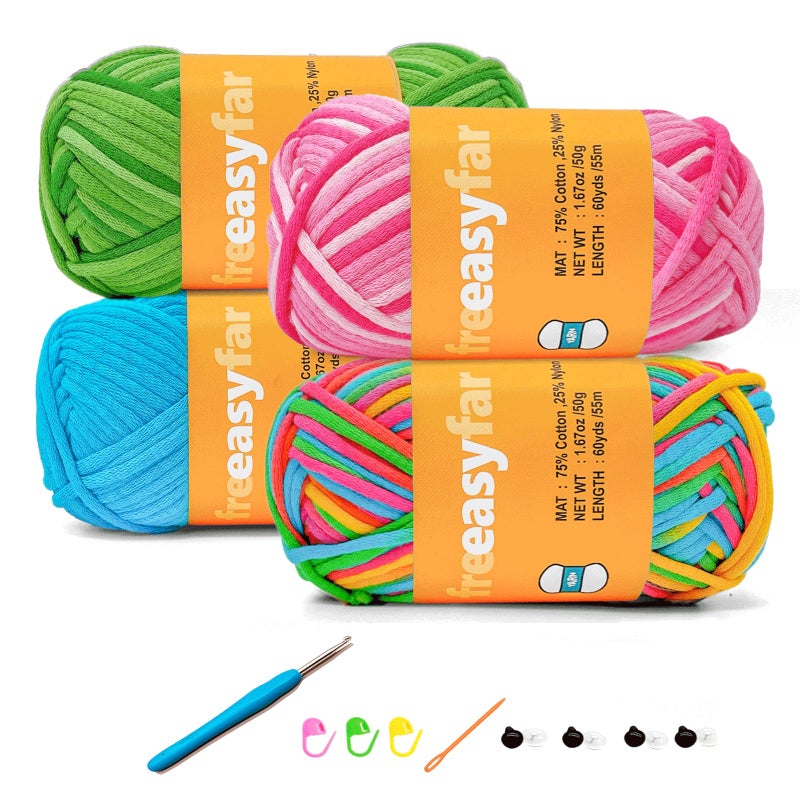 FREEASYFAR 4x50g Beginner Crochet Yarn for Crocheting and Knitting; Beginner Easy Yarn kit with Tool Set (Rainbow+Strawberry+Lawngreen+Aqua, 4 Skein) - Image 1
