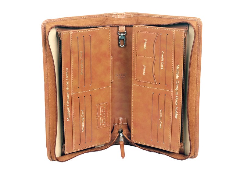 Sukeshcraft Multiple Cheque Book Holder | Original PU Holds Upto 8 Cheque Books, Locker Key Hook, 2 Photo Slots, 1 Pin-Sim Slot, 13 Credit/Debit Card Slots with Matching Zipper (PU -Deep Tan) - Image 5