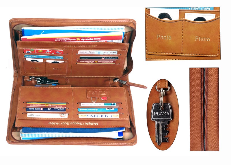 Sukeshcraft Multiple Cheque Book Holder | Original PU Holds Upto 8 Cheque Books, Locker Key Hook, 2 Photo Slots, 1 Pin-Sim Slot, 13 Credit/Debit Card Slots with Matching Zipper (PU -Deep Tan) - Image 3