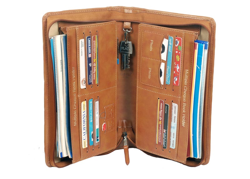 Sukeshcraft Multiple Cheque Book Holder | Original PU Holds Upto 8 Cheque Books, Locker Key Hook, 2 Photo Slots, 1 Pin-Sim Slot, 13 Credit/Debit Card Slots with Matching Zipper (PU -Deep Tan) - Image 4