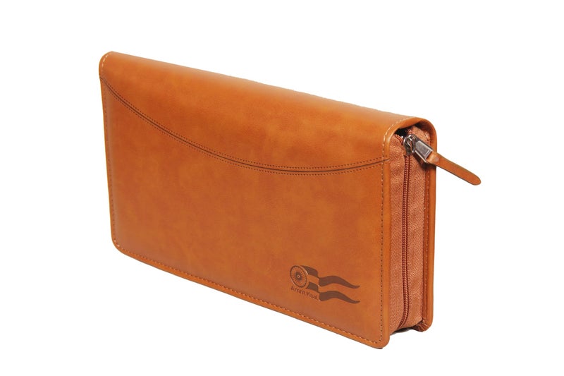 Sukeshcraft Multiple Cheque Book Holder | Original PU Holds Upto 8 Cheque Books, Locker Key Hook, 2 Photo Slots, 1 Pin-Sim Slot, 13 Credit/Debit Card Slots with Matching Zipper (PU -Deep Tan) - Image 1