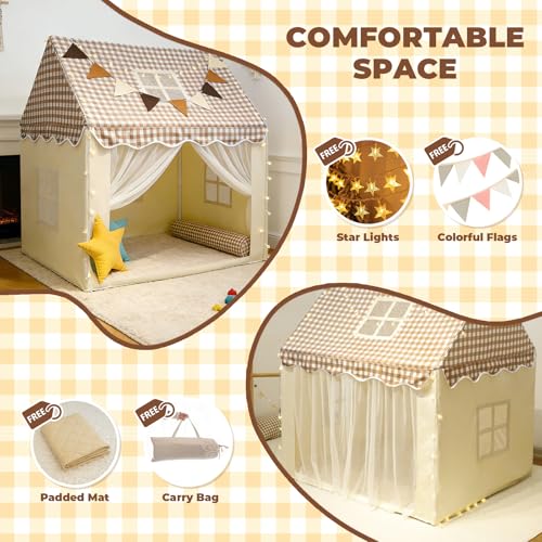 RONGFA Playhouse for Indoor Outdoor with Star Light Flags and Carry Bag Washable Kids Tent for Girls Boys Lattice Top - Image 5
