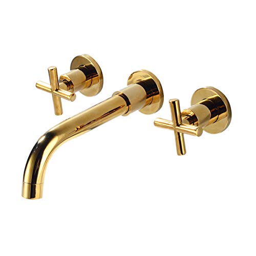 YCCUZA Wall Mount Tub Filler Faucet Gold High Flow Bathtub Faucet Two Handles Wall-Mounted Bathroom Faucet 2 Cross Handles 3 Holes Vanity Sink Mixer Tap Brass Rough-in Valve Included - Image 1