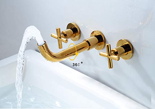YCCUZA Wall Mount Tub Filler Faucet Gold High Flow Bathtub Faucet Two Handles Wall-Mounted Bathroom Faucet 2 Cross Handles 3 Holes Vanity Sink Mixer Tap Brass Rough-in Valve Included - Image 4
