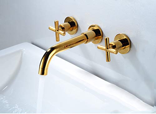 YCCUZA Wall Mount Tub Filler Faucet Gold High Flow Bathtub Faucet Two Handles Wall-Mounted Bathroom Faucet 2 Cross Handles 3 Holes Vanity Sink Mixer Tap Brass Rough-in Valve Included - Image 3