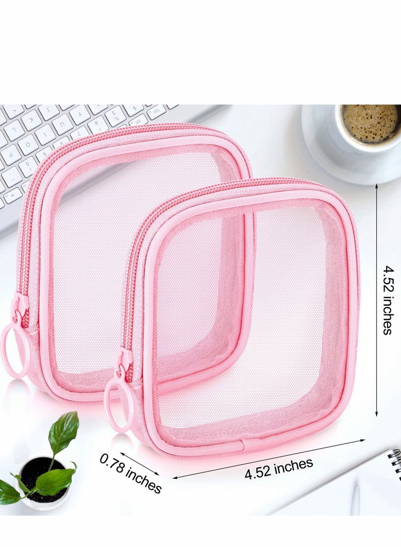 Excefore Mesh Makeup Bag, 4Pcs Clear Toiletry Pouch with Zipper Mini Portable Cosmetic Travel Purse Bag for Daily Toiletries Accessories(Pink) - Image 2