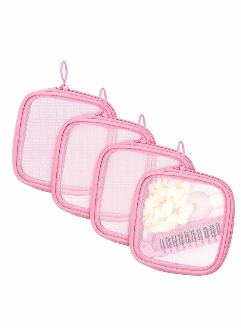 Excefore Mesh Makeup Bag, 4Pcs Clear Toiletry Pouch with Zipper Mini Portable Cosmetic Travel Purse Bag for Daily Toiletries Accessories(Pink) - Image 1