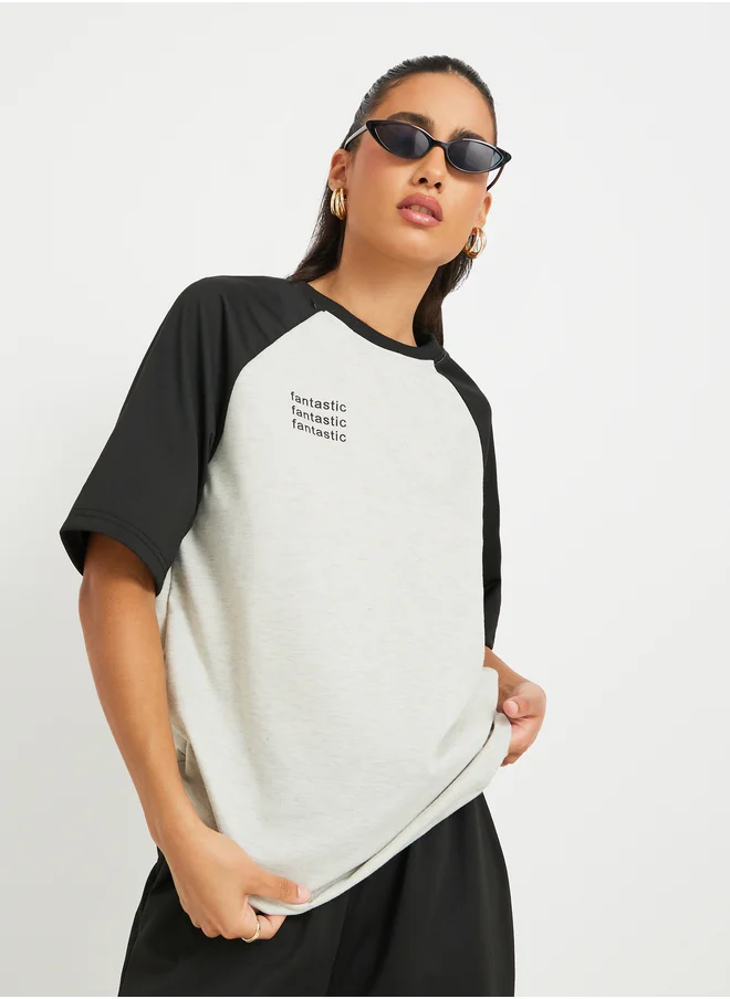 Styli Slogan Print Two Tone T-Shirt and Pants Co-Ords