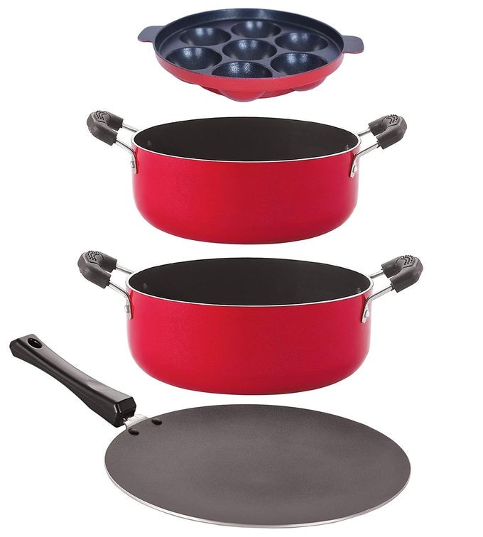 ALUMINIUM KITCHEN NON STICK COOKWARE COMBO 4 PIECES SETS (CONCAVE TAWA 28.5CM + CASSEROLE 2.1 LTR + APPAM 7 CAVITY + CASSEROLE 3.1 LTR) (CT12_CS20_AP7_CS24), RED & BLACK
