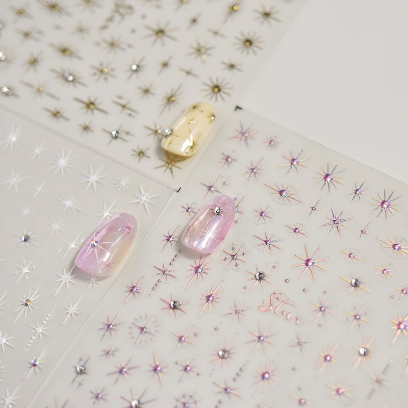 Namrec 3 Sheets 5D Embossed Star Nail Stickers - Pink Gold White Glitter Shiny Design for DIY Manicure Decoration - Nail Art Supplies for Women - Image 1
