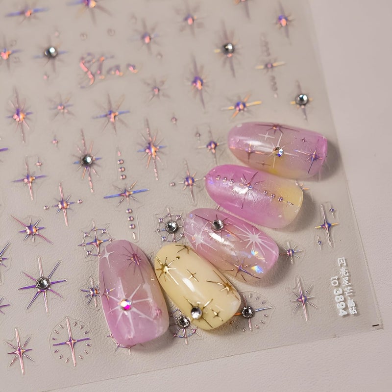 Namrec 3 Sheets 5D Embossed Star Nail Stickers - Pink Gold White Glitter Shiny Design for DIY Manicure Decoration - Nail Art Supplies for Women - Image 3